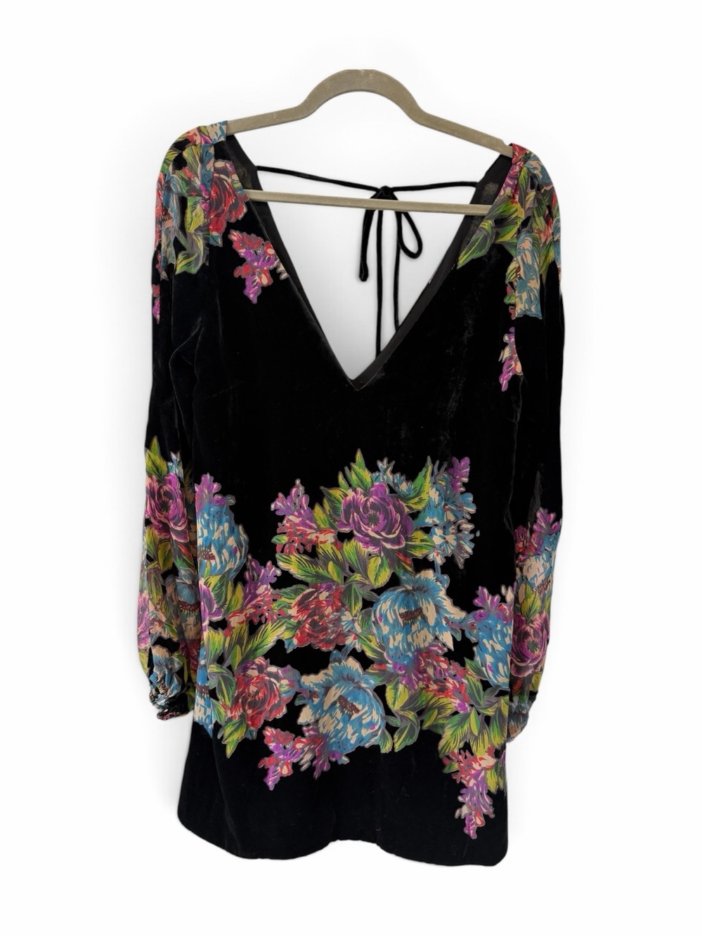 Free People Misha Burnout Floral Sheer and Velvet Mini Dress Deep V Neck Size S